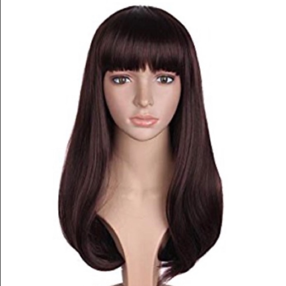 20 Inch Dark Brown medium Length With Flat Bangs